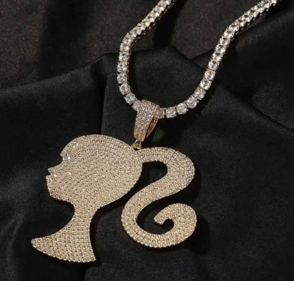 Barbie Necklace, Iced Out Doll Head Necklace , Barbie Tennis Necklace